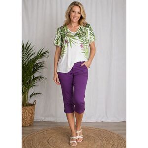 Chico's 2 L 12 14 Purple Lillys & Palm Leaves Short Sleeve Casual Top